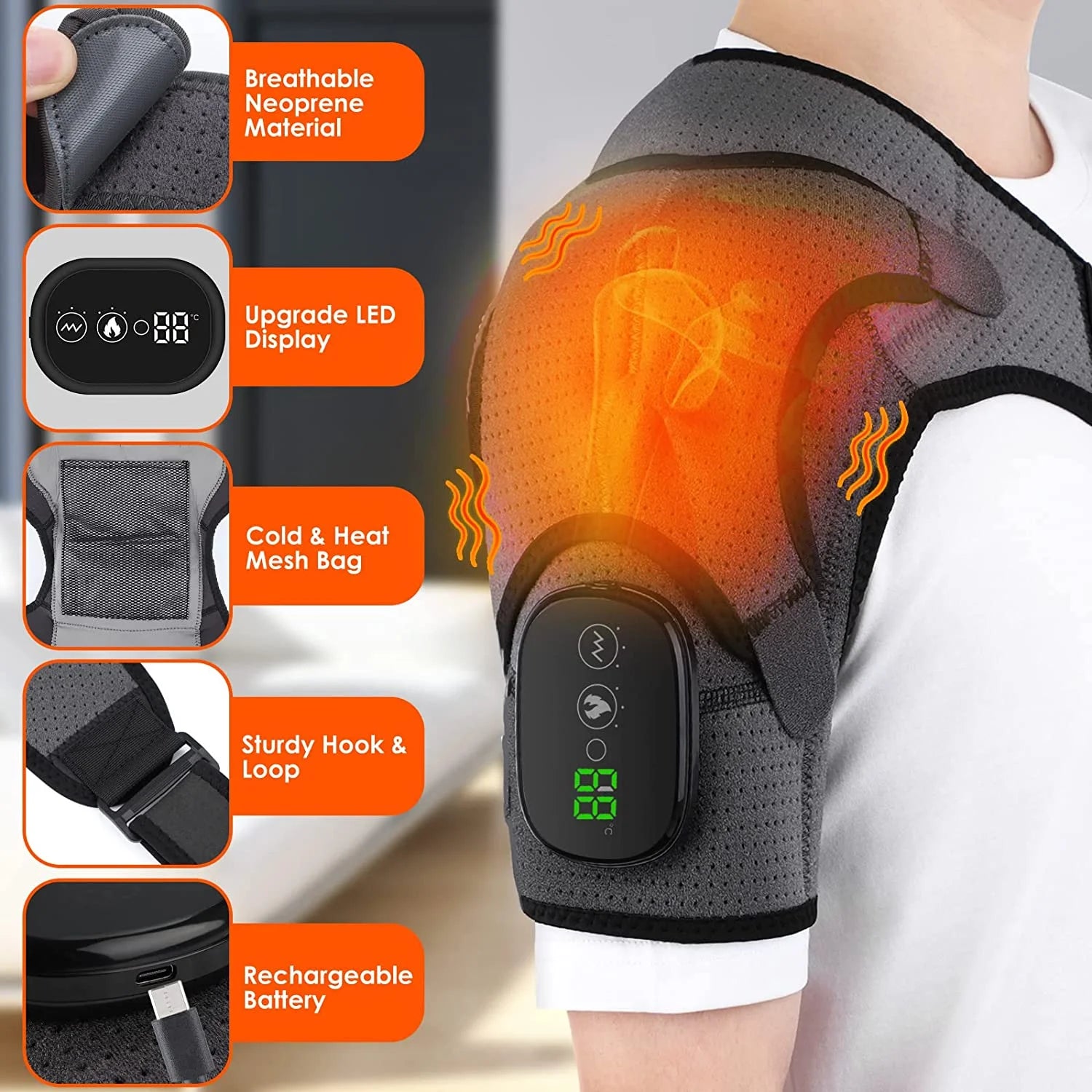 Heated Shoulder Wrap, Shoulder Heating Pads Massager for Men Women, Electric Cordless Vibration Massage Heated Shoulder Braces with 3 Heating Setting, Left Right Shoulder Massage